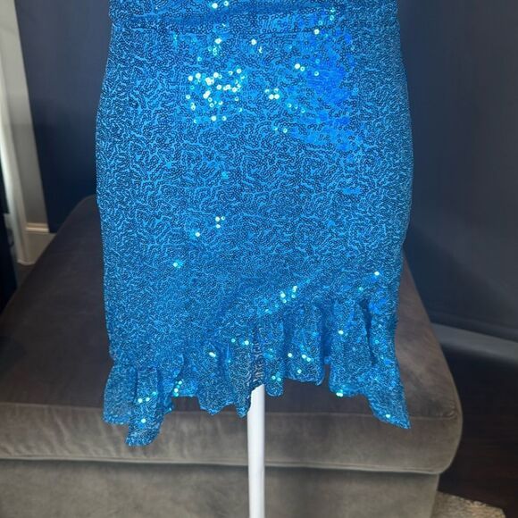 Women’s Blue Sequined Short Prom Party Homecoming Dress Ruffle Hem Size 8 - Picture 4 of 13
